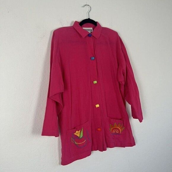 Vintage 80s PETER POPOVITCH Retro Mod Hot Pink Oversized Button Front Blouse Med - Picture 9 of 10